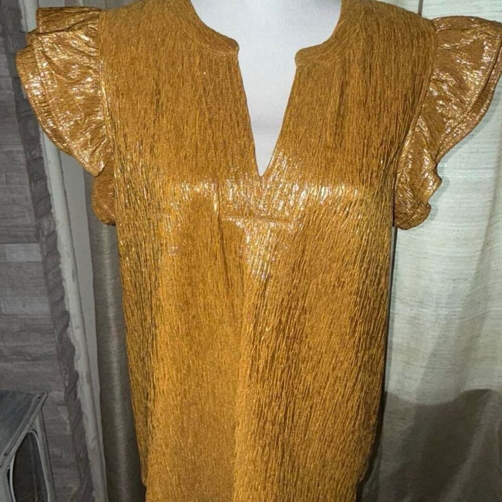 VOY Metallic Gold Ruffle Sleeve Blouse Size L